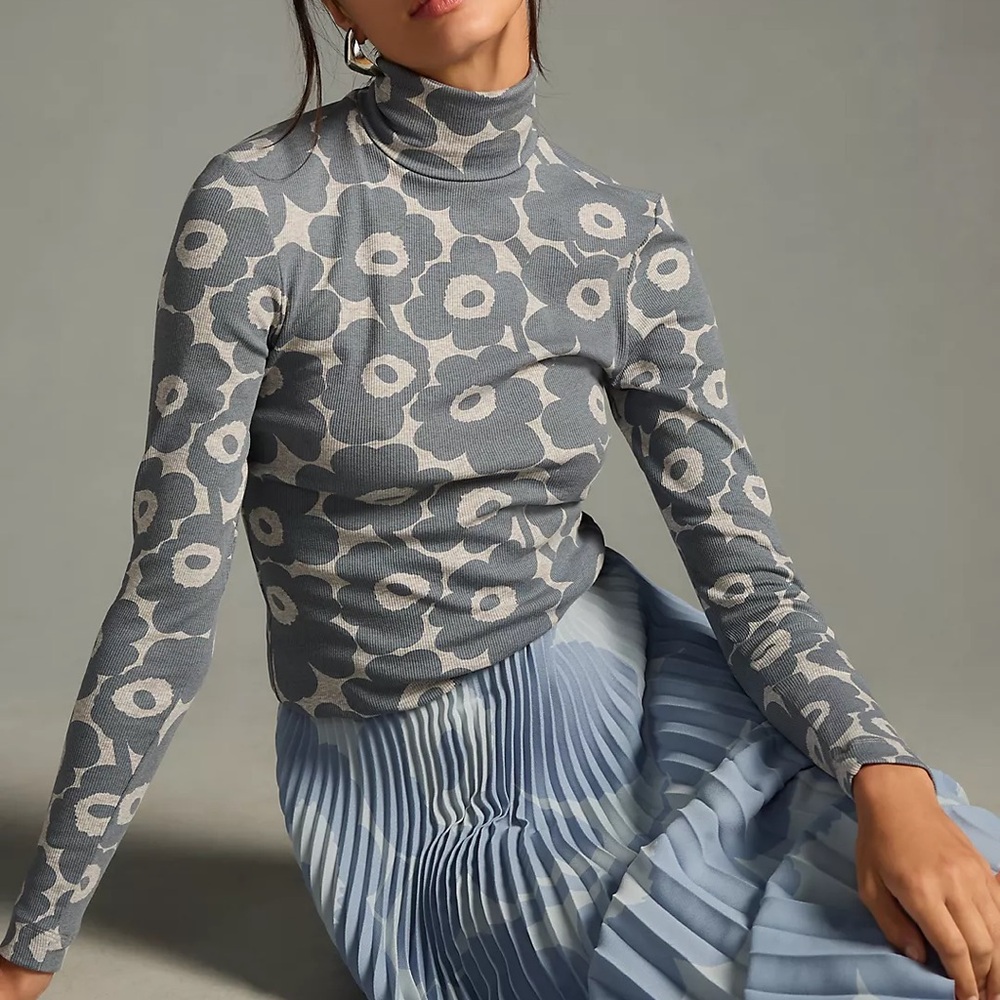 Marimekko Floral Turtleneck Sweater in Gray and Cream